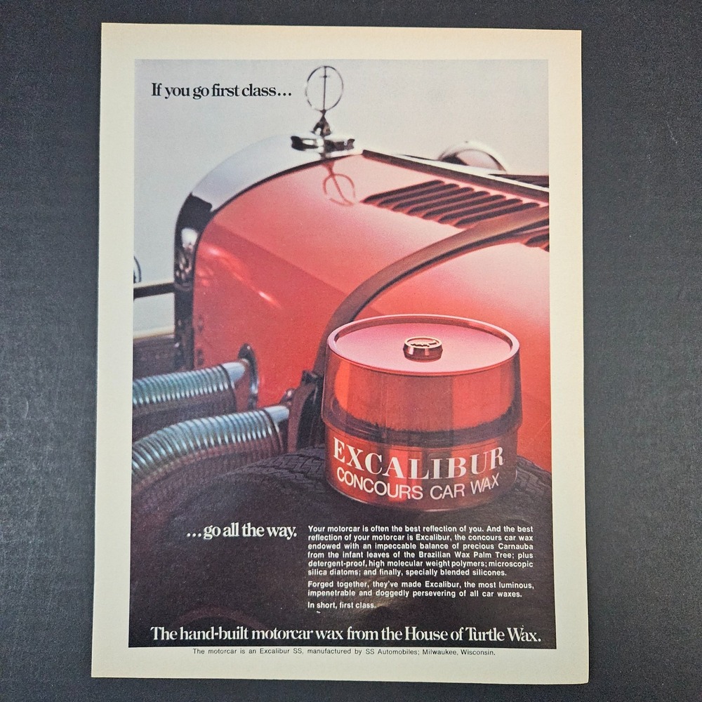 1974 SS Automobiles Excalibur Concours Car Wax Vintage Print Ad Turtle Milwaukee